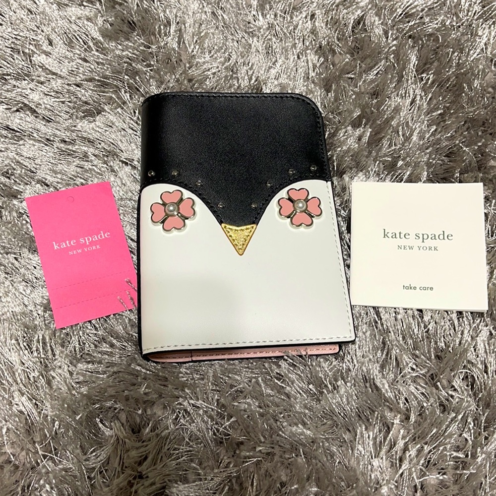 kate spade Black White Pink Floral Accent Bi-Fold Wallet with Gold Detail